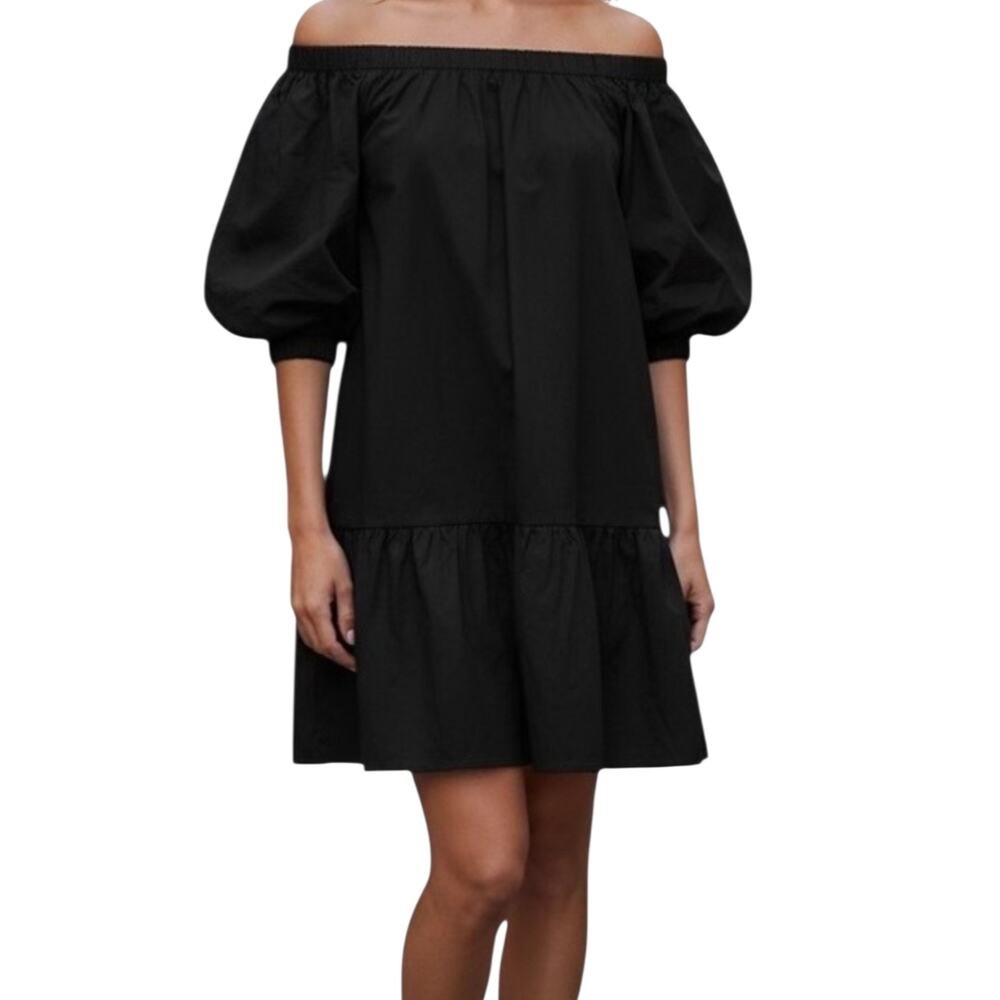 Women's Cuyana Poplin Off the Shoulder Black Mini Dress Puff Sleeves Ruffle M